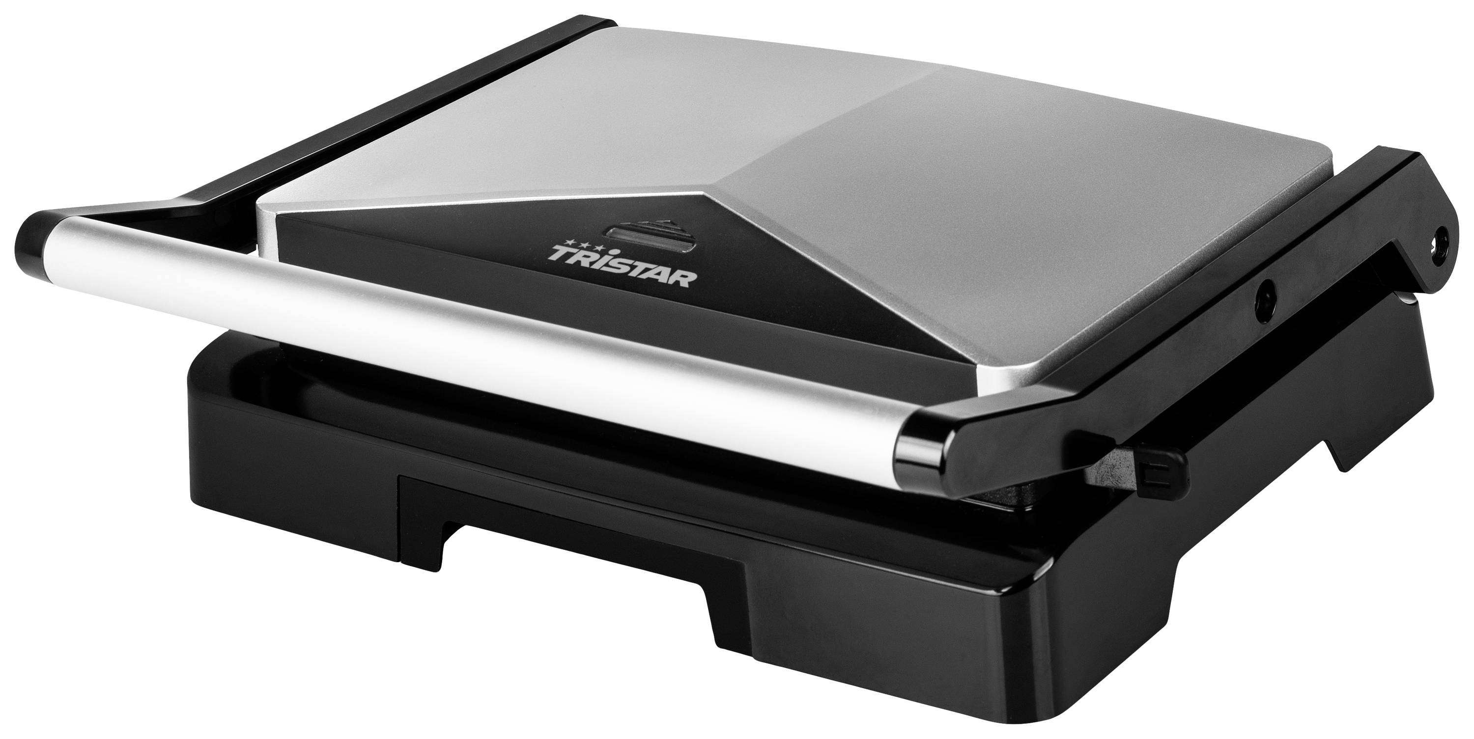 Srebrno-czarny grill kontaktowy na białym tle, odpowiedni do przyrządzania kanapek i innych potraw.