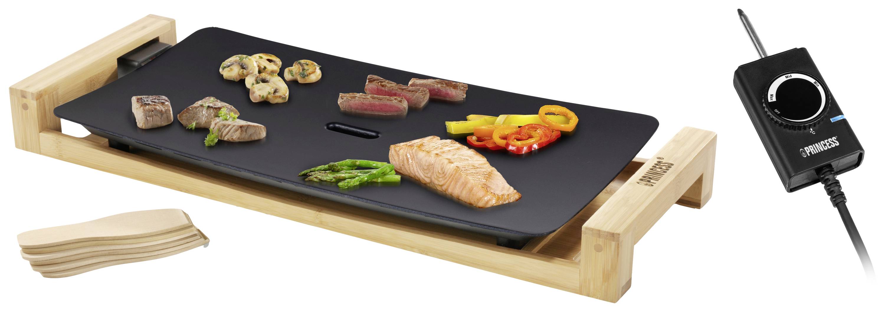 Elektryczna drewniana płyta grillowa z różnymi potrawami, takimi jak łosoś, mięso i warzywa. Po prawej stronie regulator temperatury.