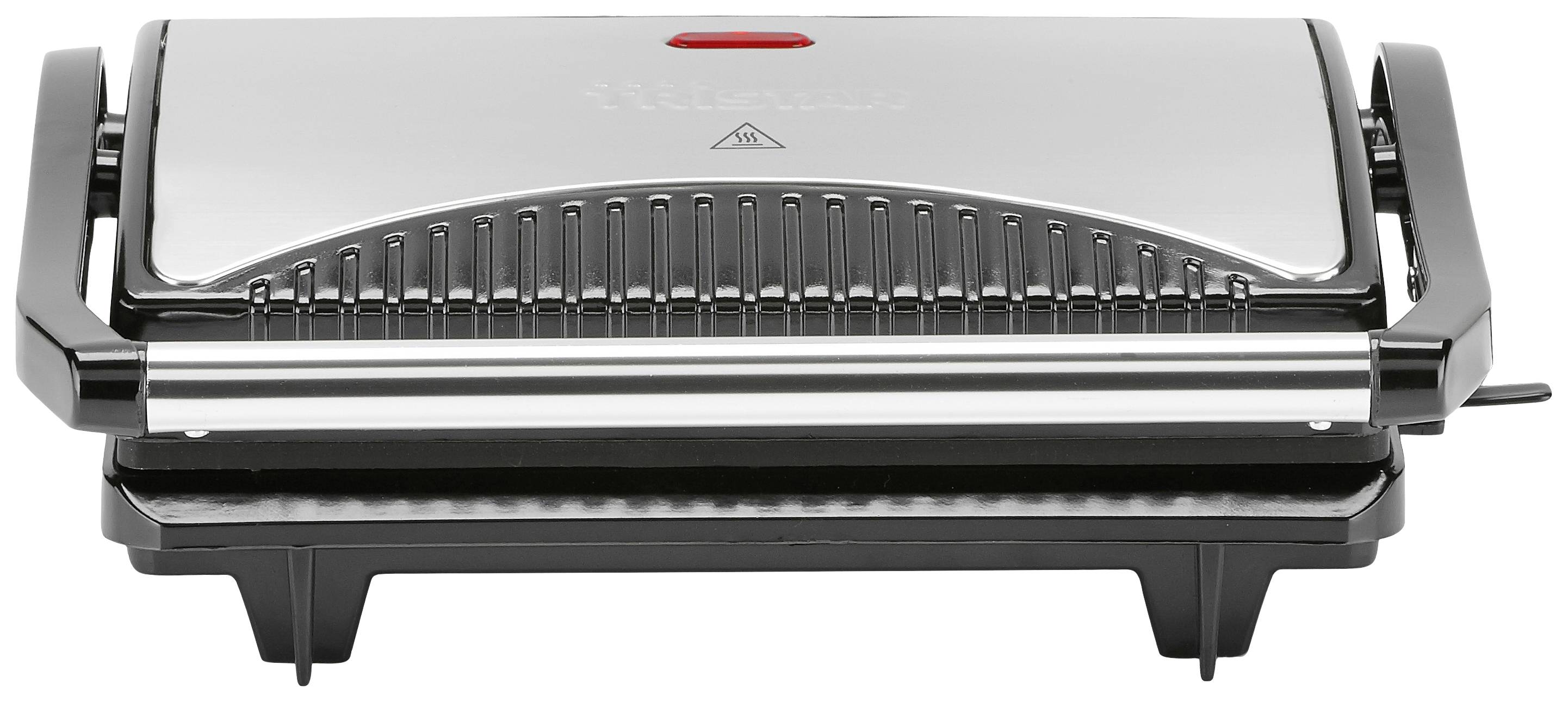 Srebrny grill do kanapek z zamkniętą pokrywą, antypoślizgowymi stopkami oraz czerwoną lampką kontrolną na górze, idealny do przygotowywania panini.