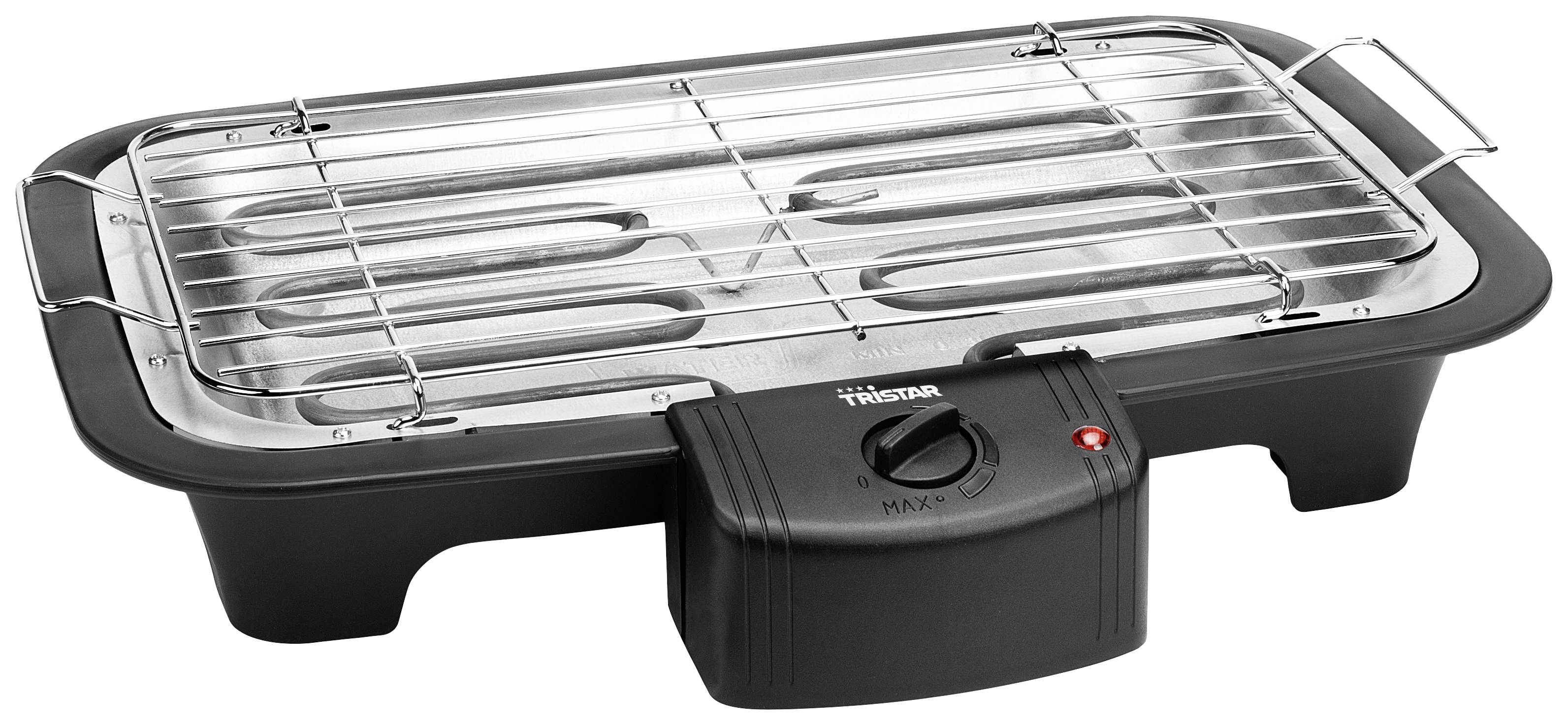 Czarny grill stołowy z metalową kratką i kontrolką, odpowiedni do grillowania mięsa lub warzyw na blacie stołu lub w strefie roboczej.