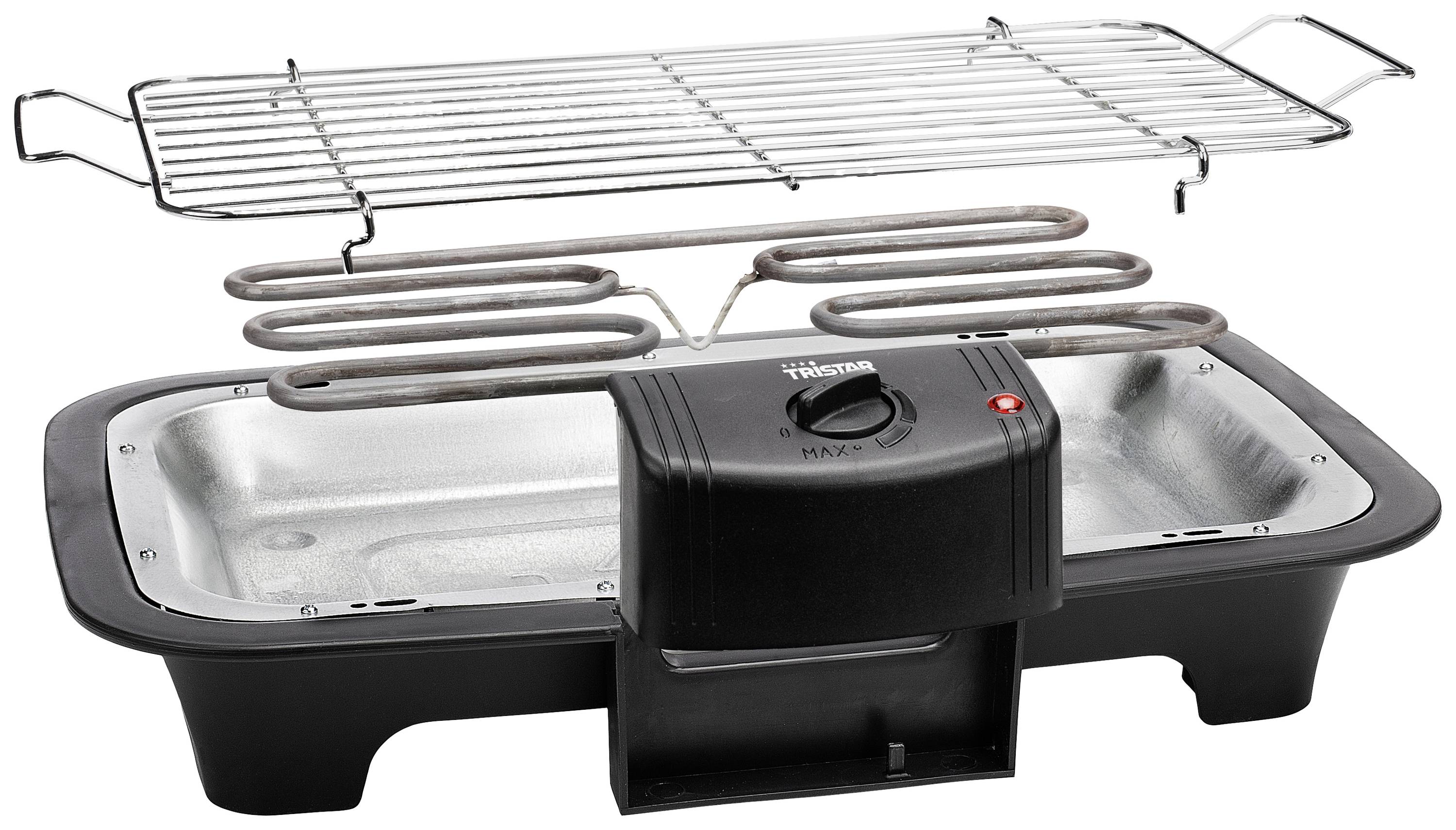 Elektryczny grill stołowy z wyjmowanymi kratkami i płytą grzejną. Czarna obudowa z jednym gniazdem do regulacji temperatury.