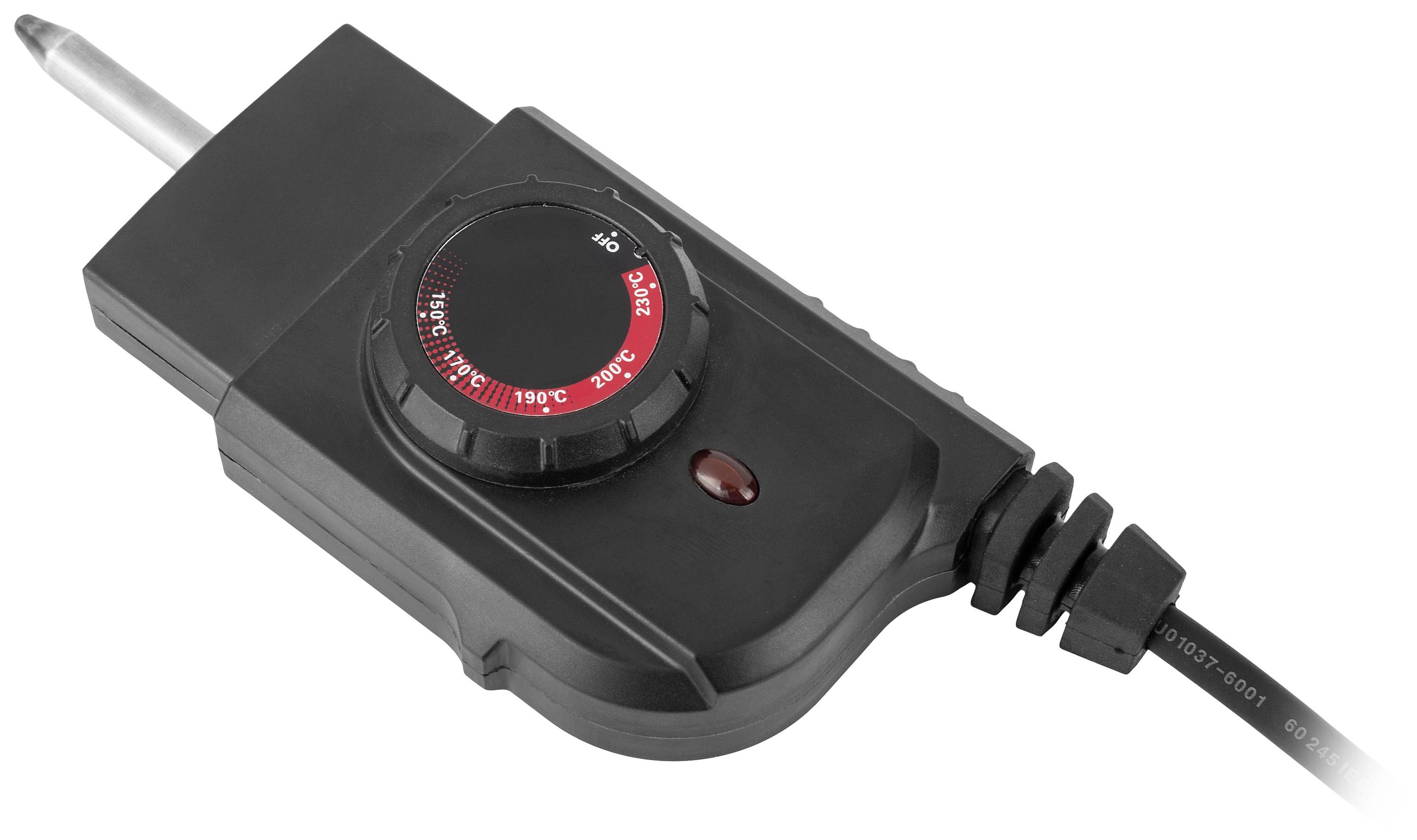 Elektryczny regulator temperatury z pokrętłem nastawczym, w czarnej obudowie. Odpowiedni do sterowania urządzeniami grzewczymi.