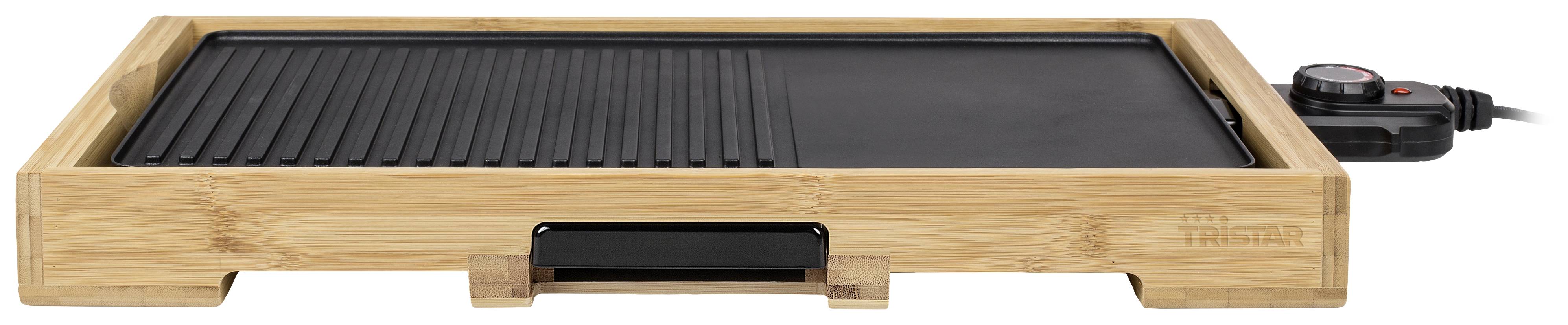 Elektryczny grill stołowy z ramą bambusową i regulacją temperatury, odpowiedni do grillowania w pomieszczeniach oraz przygotowywania mniejszych potraw.