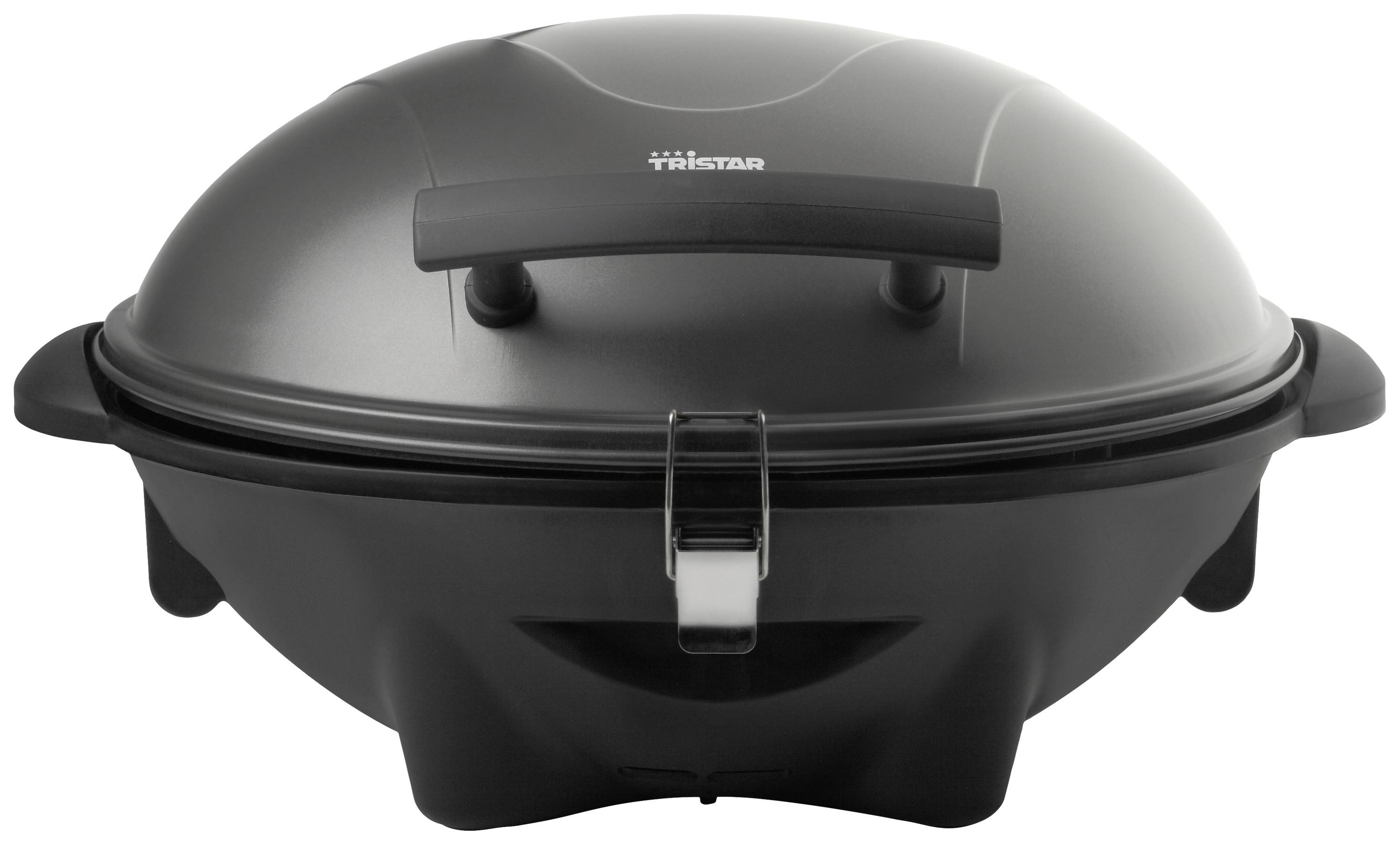 Czarny elektryczny grill stołowy z wypukłą pokrywą i uchwytem. Zamek zatrzaskowy z przodu. Idealny do grillowania wewnątrz i na zewnątrz.