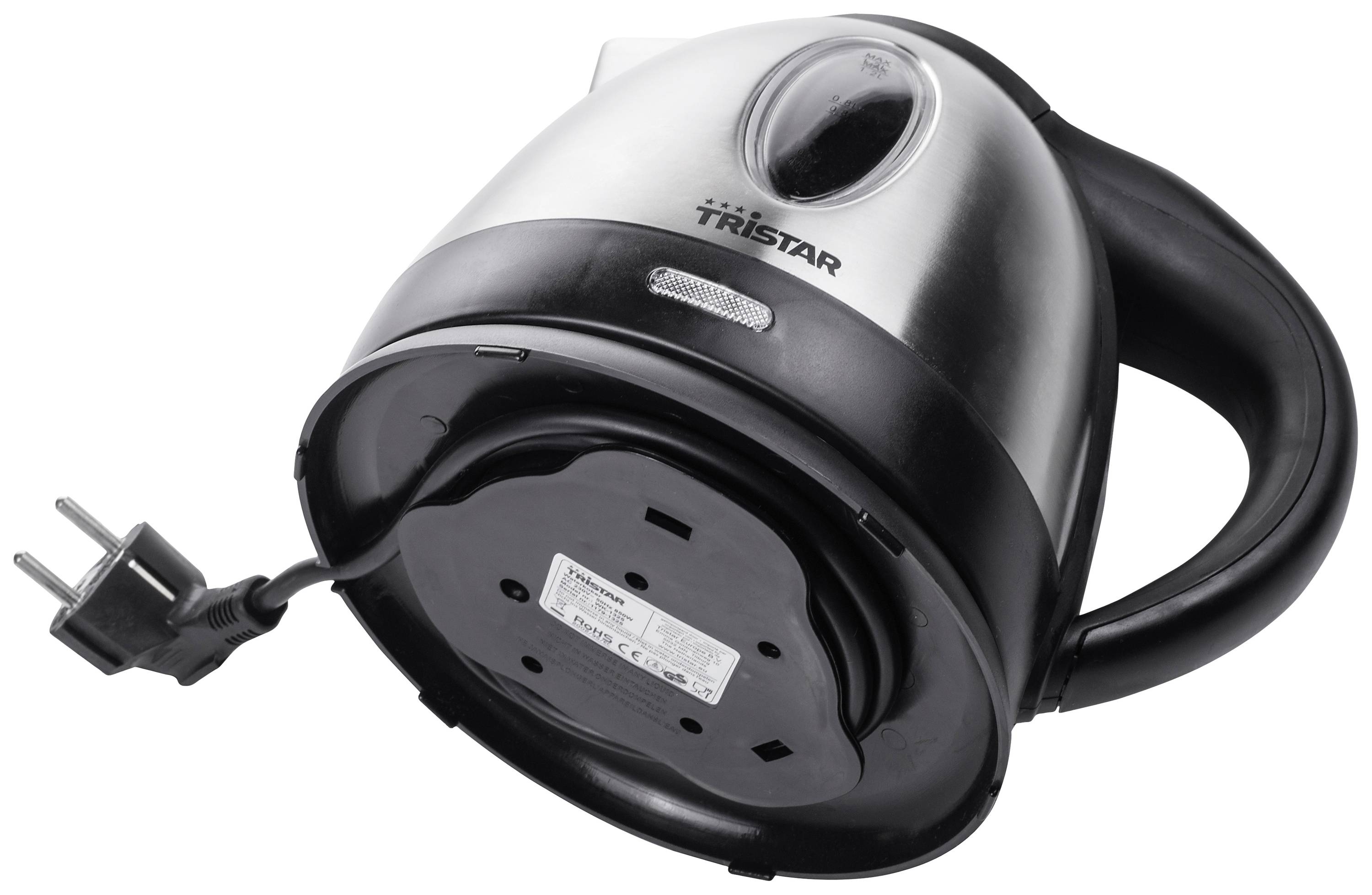 Czajnik elektryczny w kolorze stali nierdzewnej z czarną rączką i zdejmowaną podstawą. Przewód elektryczny jest widoczny.