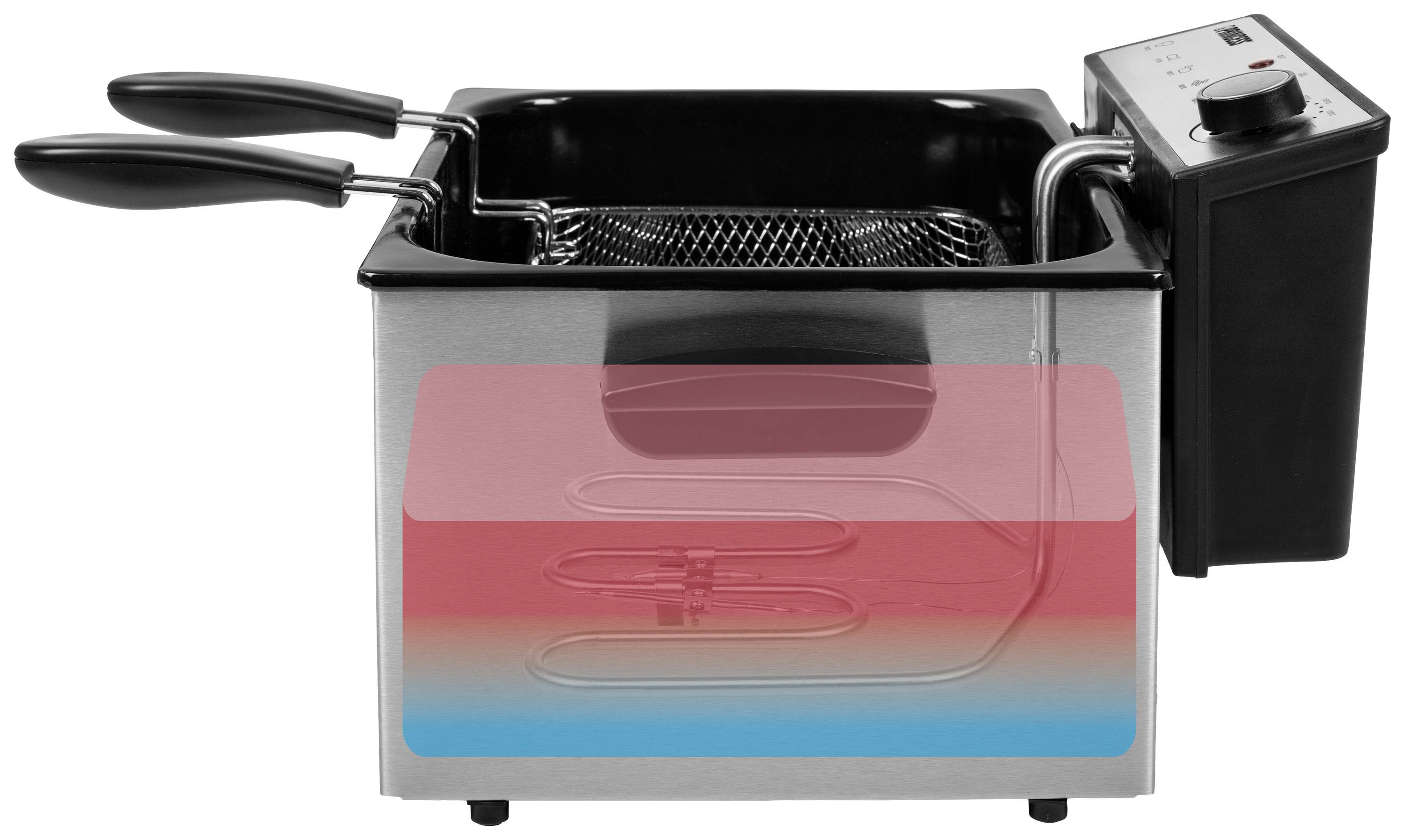 Elektryczna frytownica z przezroczystą obudową ukazuje spirale grzewcze w środku oraz regulator temperatury po stronie urządzenia.