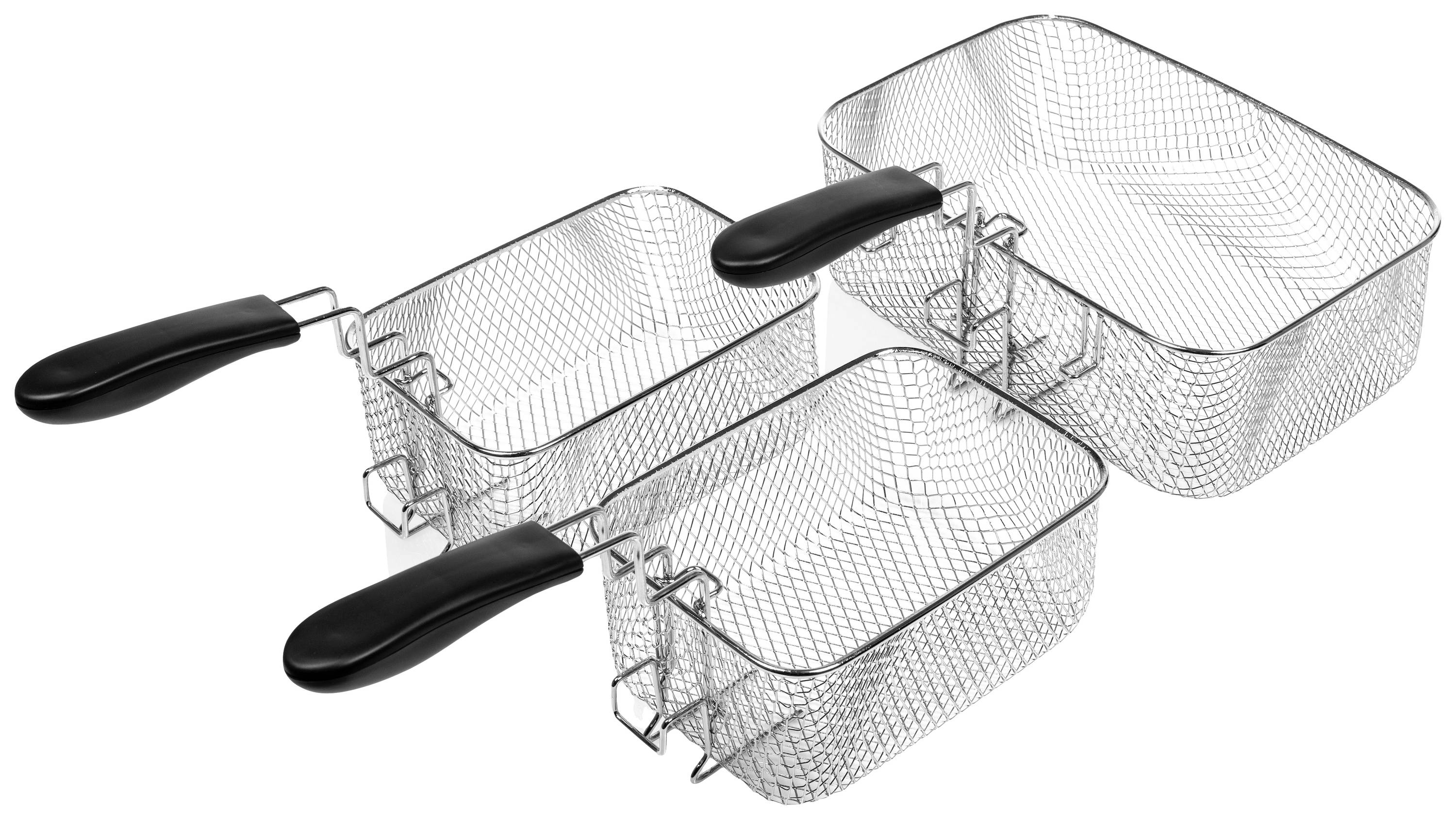 Trzy prostokątne metalowe kosze do smażenia, ułożone jeden na drugim, z czarnymi uchwytami z tworzywa sztucznego.