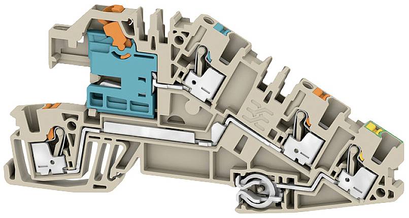 Przekrój poprzeczny złącza elektrycznego ukazuje wewnętrzną strukturę oraz różne komponenty metalowe i plastikowe.