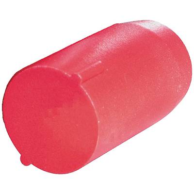 Czerwona plastikowa nasadka cylindryczna, lekko ścięta po jednej stronie.