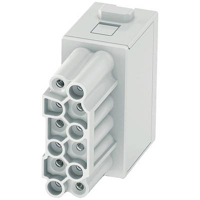 Elektryczny złącz z wieloma okrągłymi stykami w prostokątnej białej obudowie.