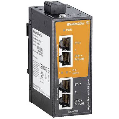 Wzmacniacz PoE Weidmüller Gigabit Ethernet z dwoma portami Ethernet oraz wyjściem PoE, przeznaczony do stosowania w sieciach przemysłowych.