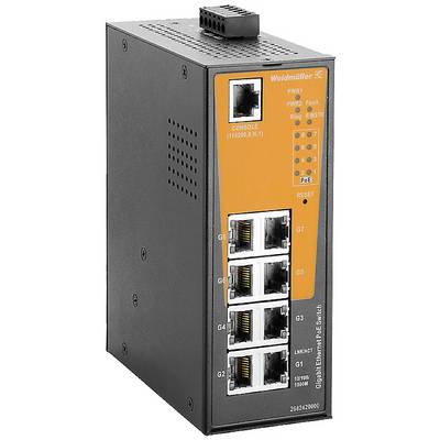 Przemysłowy switch Ethernet z ośmioma portami Ethernet, w tym czterema obsługującymi PoE (oznaczonymi na czarno), z wskaźnikami konsolowymi.