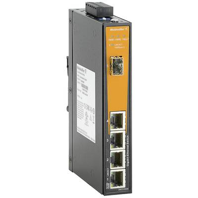 Wąski, czarny switch Ethernet firmy Weidmüller z czterema portami sieciowymi i pomarańczową etykietą na przedniej części obudowy.