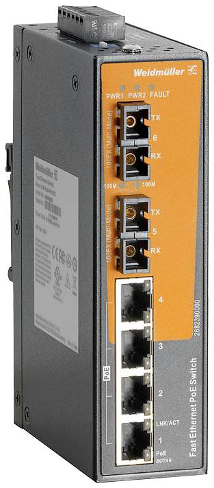 Przełączniki PoE-Ethernet firmy Weidmüller z wieloma portami, przeznaczone do zasilania i łączenia sieciowego urządzeń.