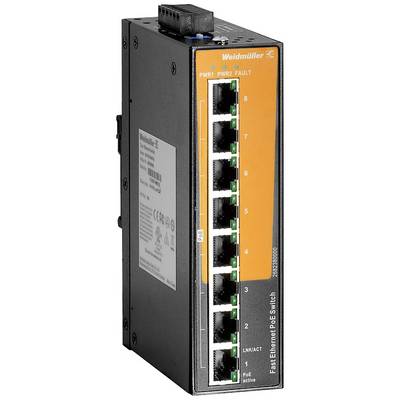 Obraz przedstawia switch Ethernet PoE firmy Weidmüller z ośmioma portami Ethernet, dwoma wskaźnikami statusu zasilania oraz numeracją od 1 do 8.