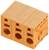 Pomarańczowy elektryczny blok łączeniowy z wieloma zaciskami, przeznaczony do łączenia przewodów w obwodach elektrycznych.