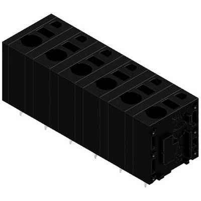 Czarna, prostokątna elektroniczna wtyczka z wieloma gniazdami i metalowymi stykami na spodniej stronie do montażu.