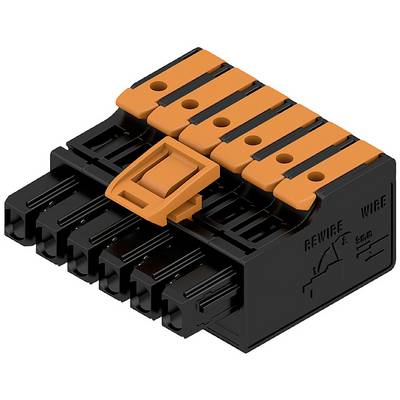 Czarny i pomarańczowy elektryczny złącz wtykowy z mechanizmem dźwigniowym, składający się z sześciu gniazd do podłączenia przewodów.