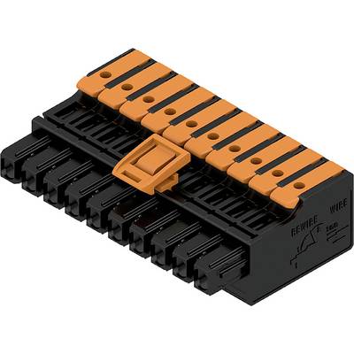 Czarno-pomarańczowy elektryczny złącz kablowy z wieloma gniazdami do podłączenia przewodów, umieszczony na białym tle.