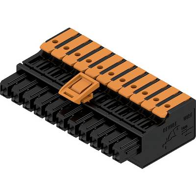 Czarny, prostokątny elektryczny złącz z pomarańczowymi dźwigniami, używany do łączenia przewodów w obwodach elektrycznych.