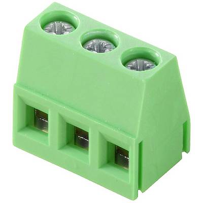Zielony blok złącza z trzema otworami przyłączeniowymi do połączeń elektrycznych.