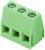 Zielony, trzybiegunowy blok zaciskowy do płytek drukowanych z zaciskami śrubowymi, stosowany do podłączania przewodów elektrycznych do płytek drukowanych.