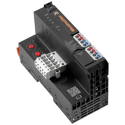 Czarny sprzęt elektroniczny z oznaczeniem 'Weidmüller'. Posiada kilka kolorowych zacisków do połączeń elektrycznych.