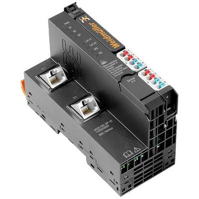 Przemysłowy moduł automatyzacji z dwoma portami Ethernet i kolorowo kodowanymi złączami, stosowany do sterowania i łączenia urządzeń.