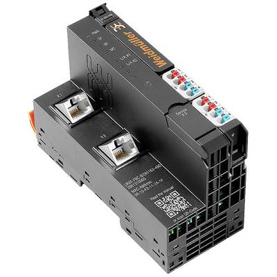 Czarny moduł elektroniczny z dwoma gniazdami Ethernet, kilkoma zaciskami kablowymi i napisem 'Weidmüller'.