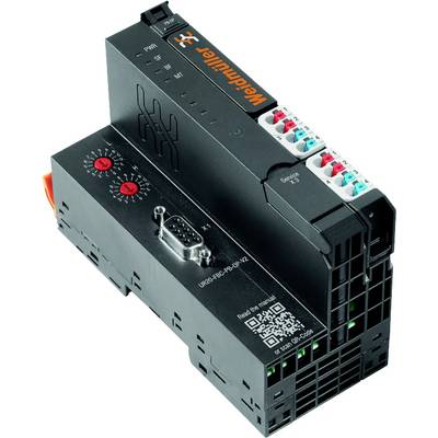 Czarne urządzenie elektroniczne z wieloma kolorowo oznaczonymi złączami na górnej powierzchni oraz kodem QR z boku. Nazwa marki "Weidmüller".