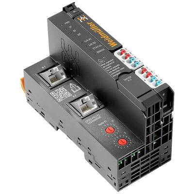 Czarny, kompaktowy moduł elektroniczny z wieloma kolorowo oznaczonymi złączami i dwoma portami Ethernet. Widoczne logo marki.