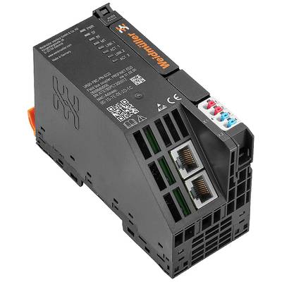Przemysłowe urządzenie sterujące z interfejsami Ethernet i wieloma zaciskami przyłączeniowymi, w kolorze czarnym z pomarańczowym logo "Weidmüller".