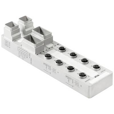 Elektryczny moduł przyłączeniowy z wieloma portami, oznaczony symbolami. Używany do podłączania urządzeń elektrycznych.