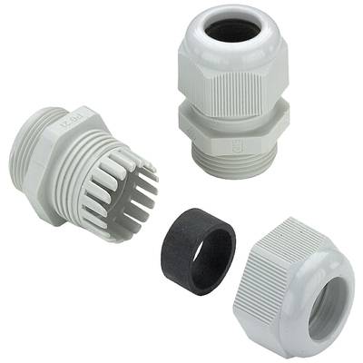 Trzy szare dławnice kablowe z gwintem z tworzywa sztucznego i uszczelką do instalacji elektrycznych.