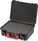Otwarty czarny kufer ochronny z wyściółką piankową i czerwonym uchwytem, przeznaczony do bezpiecznego transportu delikatnych przedmiotów.