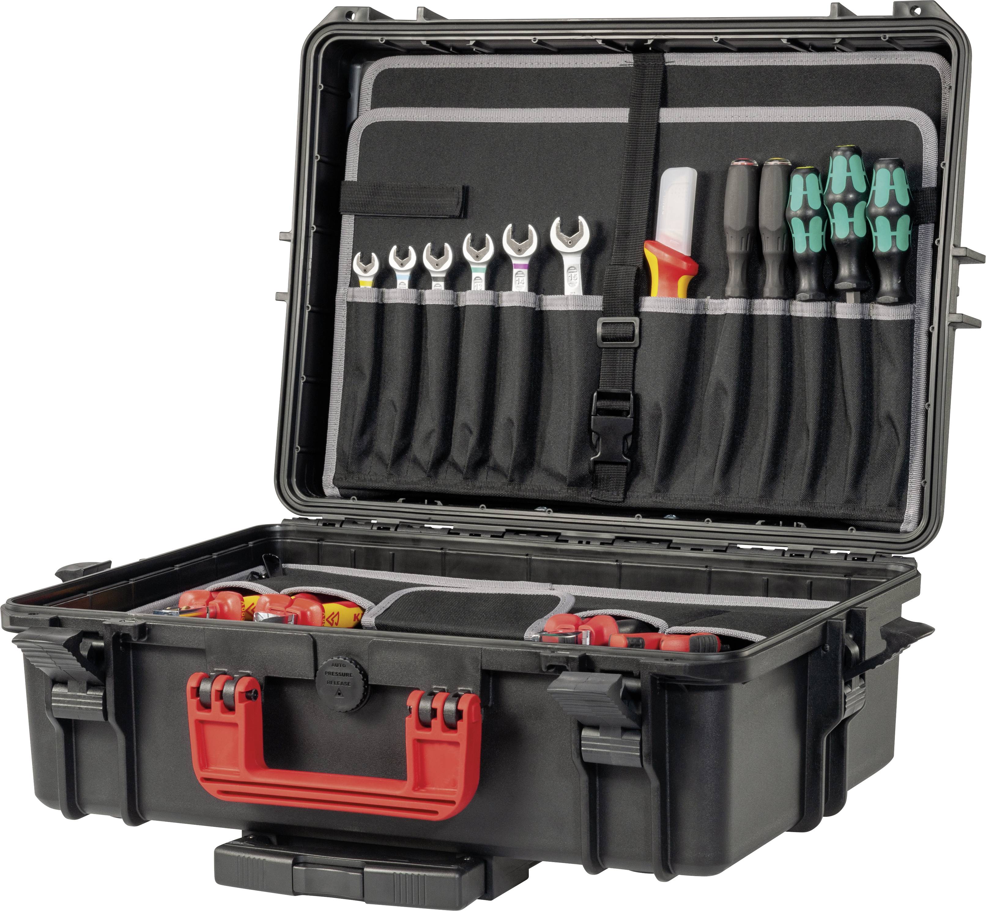 Otwarty kufer narzędziowy z różnymi narzędziami, w tym śrubokrętami, kluczami i szczypcami, ułożonymi w sposób uporządkowany i systematyczny.