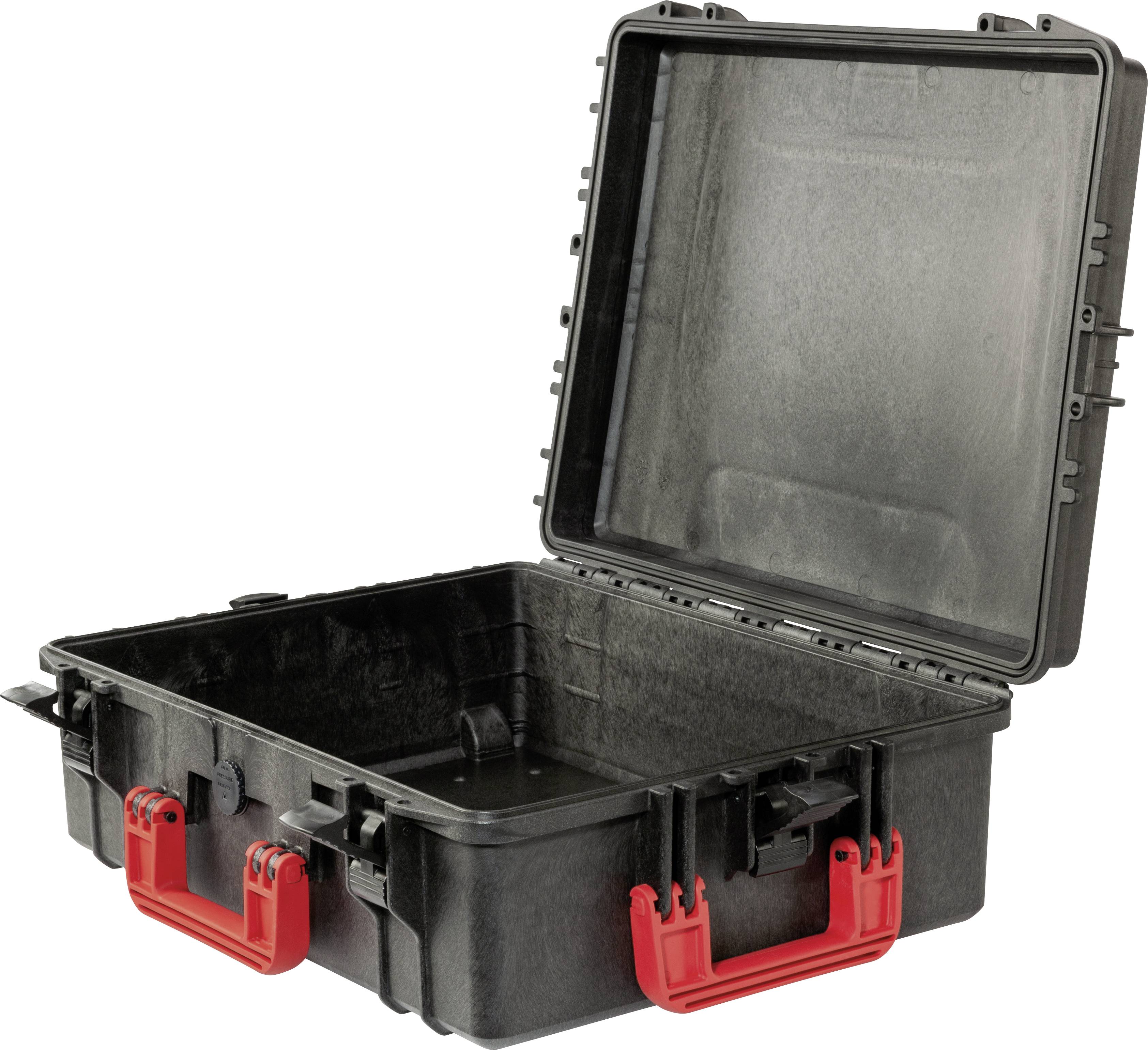Czarny, otwarty walizka narzędziowa z czerwonym uchwytem, pusta, wykonana z wytrzymałego tworzywa sztucznego. Idealna do transportu i ochrony narzędzi.