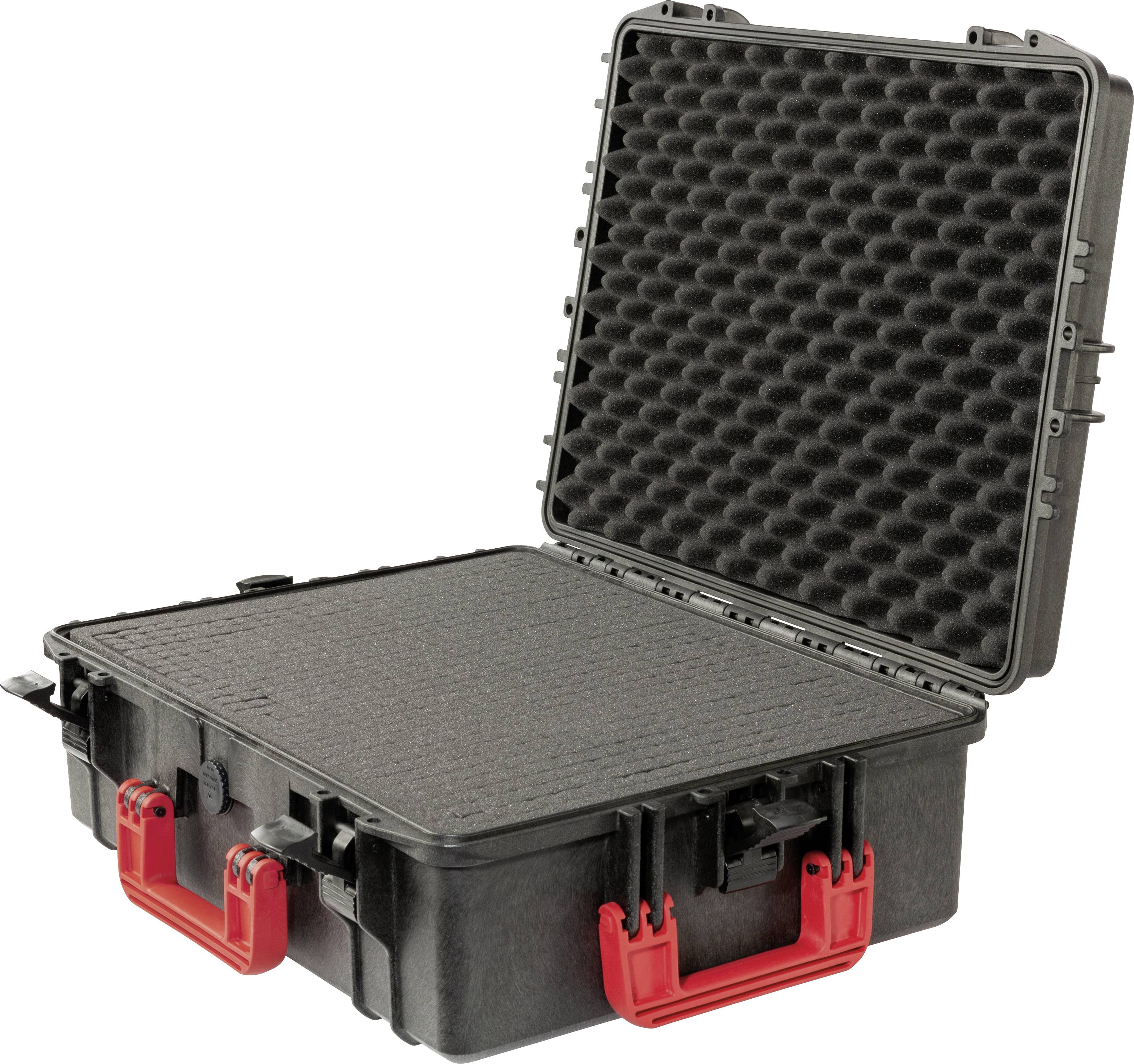 Czarny twardy kufer z czerwonym uchwytem, otwarty z wyściółką piankową, odpowiedni do bezpiecznego transportu delikatnych przedmiotów.