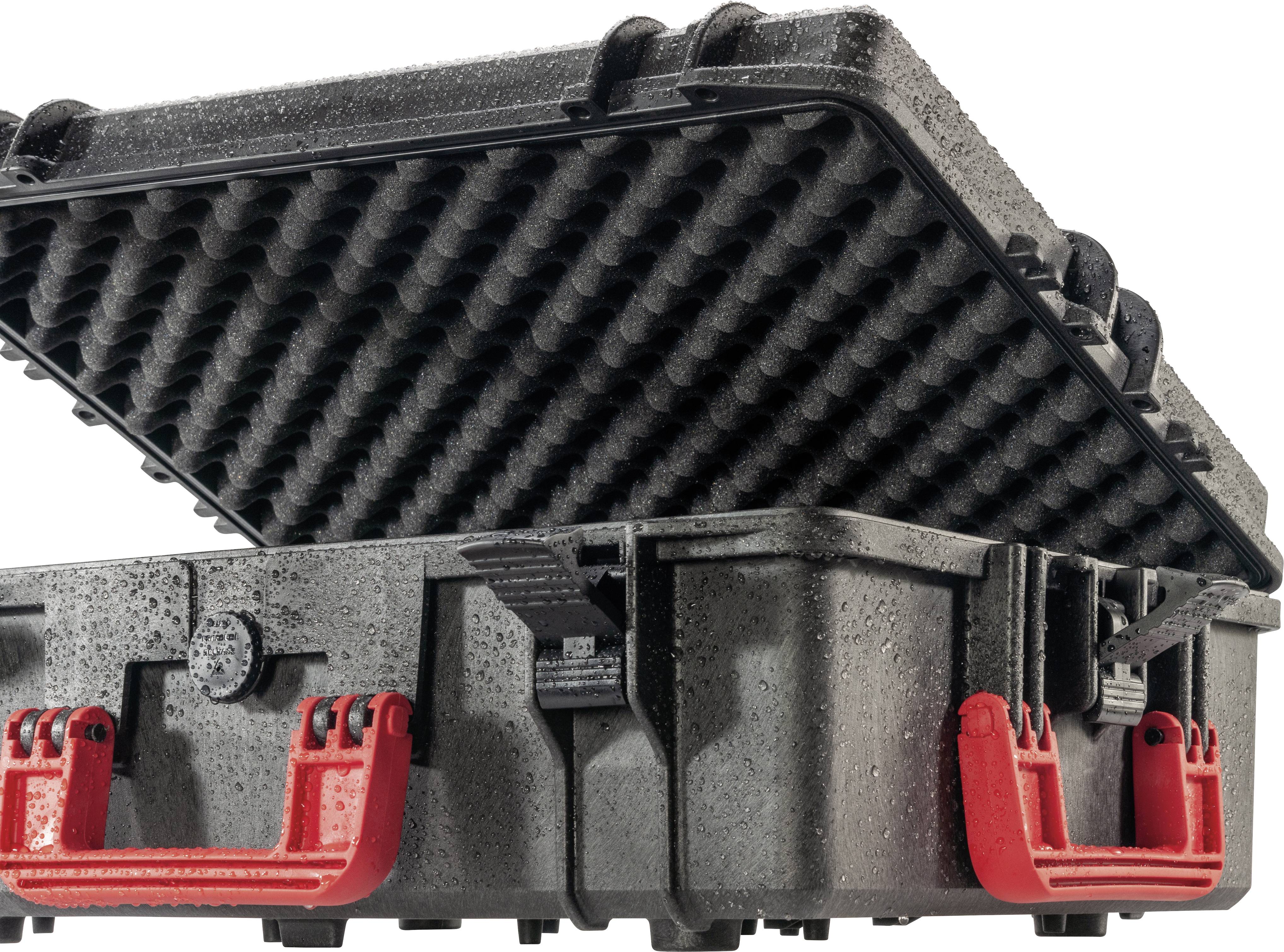 Stabilny pojemnik z tworzywa sztucznego z otwartą pokrywą prezentuje wyściółkę piankową oraz czerwone zamknięcia, odpowiedni do bezpiecznego transportu.