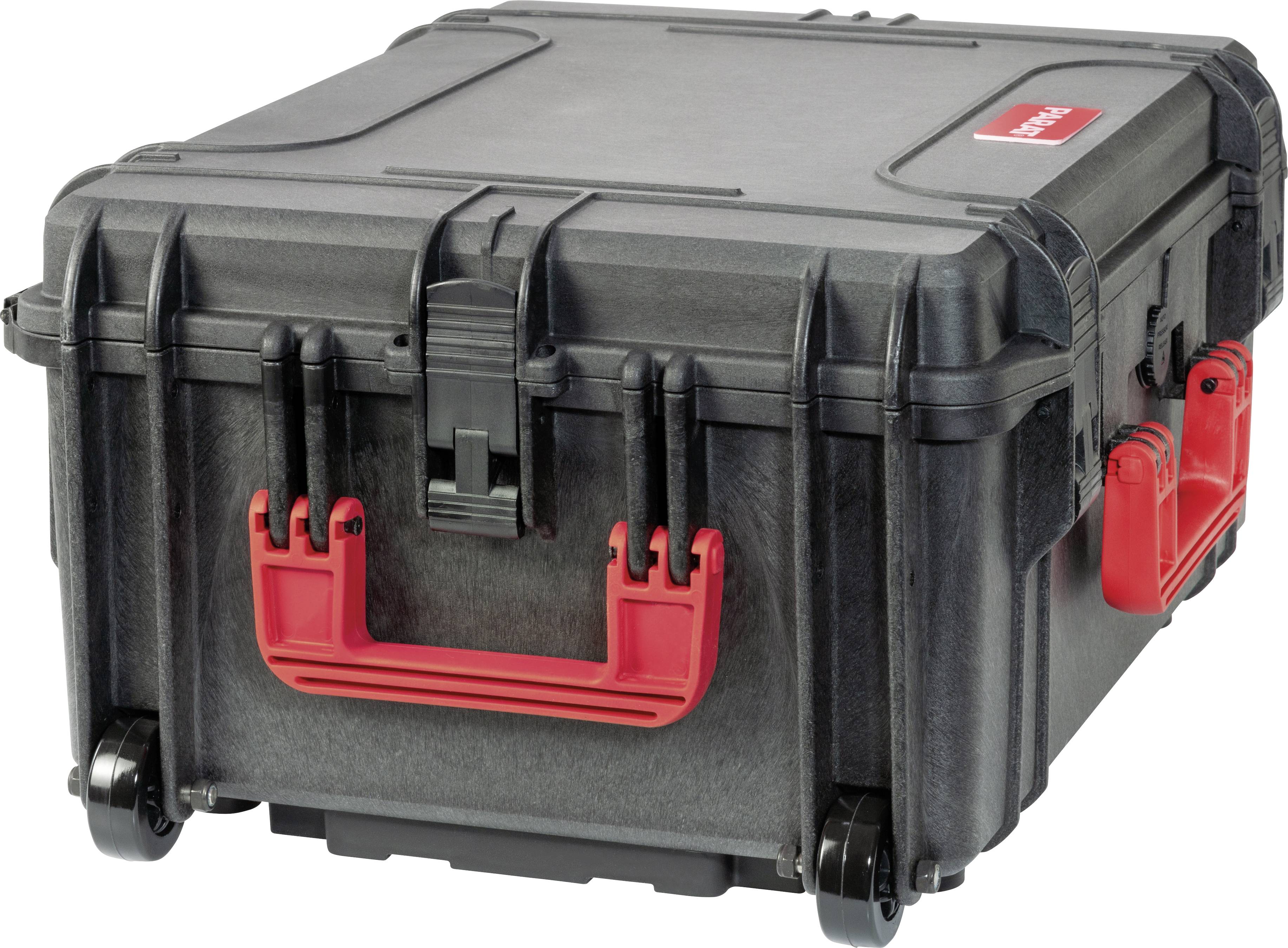 Czarny, wytrzymały plastikowy kufer z czerwonymi uchwytami i kółkami, specjalnie zaprojektowany do ochrony cennego sprzętu.