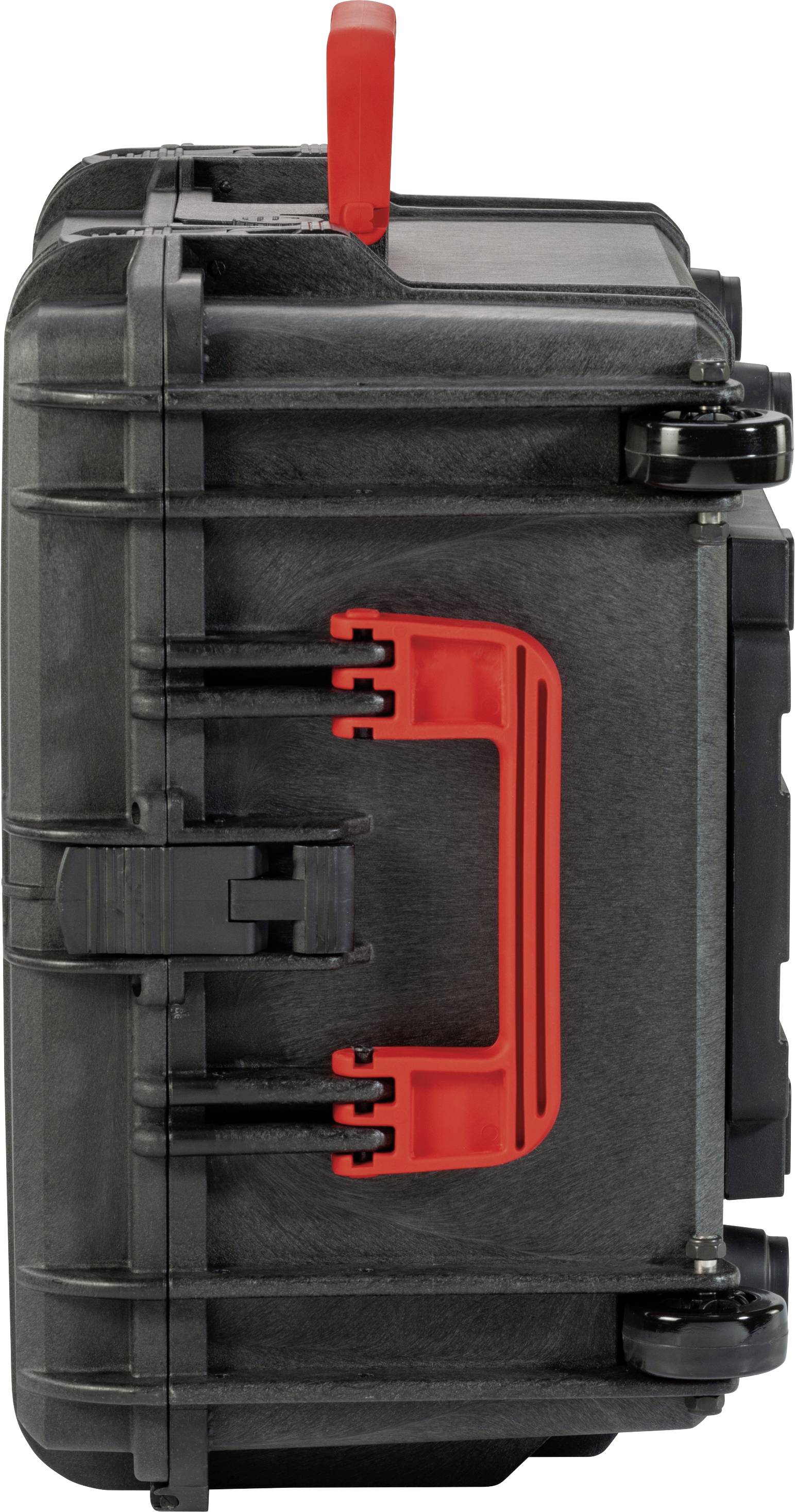 Czarny, wytrzymały kufer z czerwonym uchwytem i czerwonym mechanizmem zamykającym; widok z boku; odpowiedni do transportu narzędzi lub sprzętu.