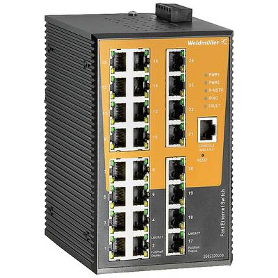Przemysłowy switch Ethernet z 24 portami, wskaźnikami LED dla statusu zasilania i sieci, złączem konsolowym oraz przyciskiem resetowania. Model Weidmüller o wytrzymałej konstrukcji.