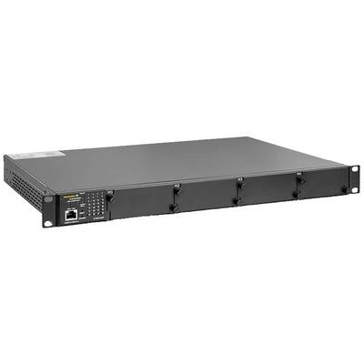 Czarne, prostokątne urządzenie techniczne z pięcioma ponumerowanymi portami oraz portem Ethernet z przodu.