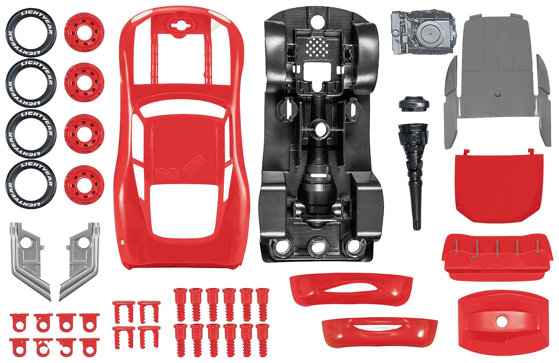 Zestaw do składania samochodzika z czerwonymi i czarnymi elementami nadwozia, kołami i śrubami, przeznaczony do zmontowania małego modelu.