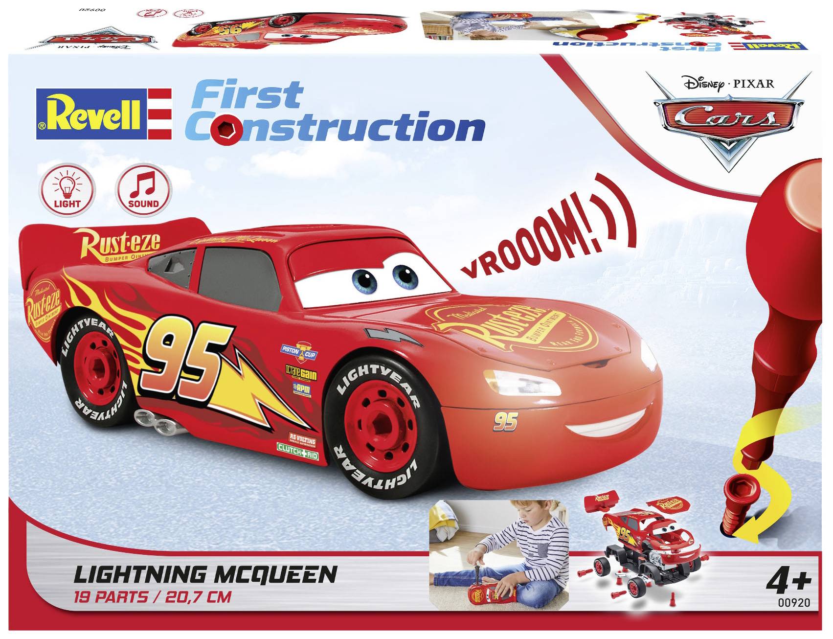 Zestaw do składania samochodu Lightning McQueen firmy Revell. Zawiera 19 elementów. Odpowiedni dla dzieci od 4 lat. Pojazd z efektami świetlnymi i dźwiękowymi.