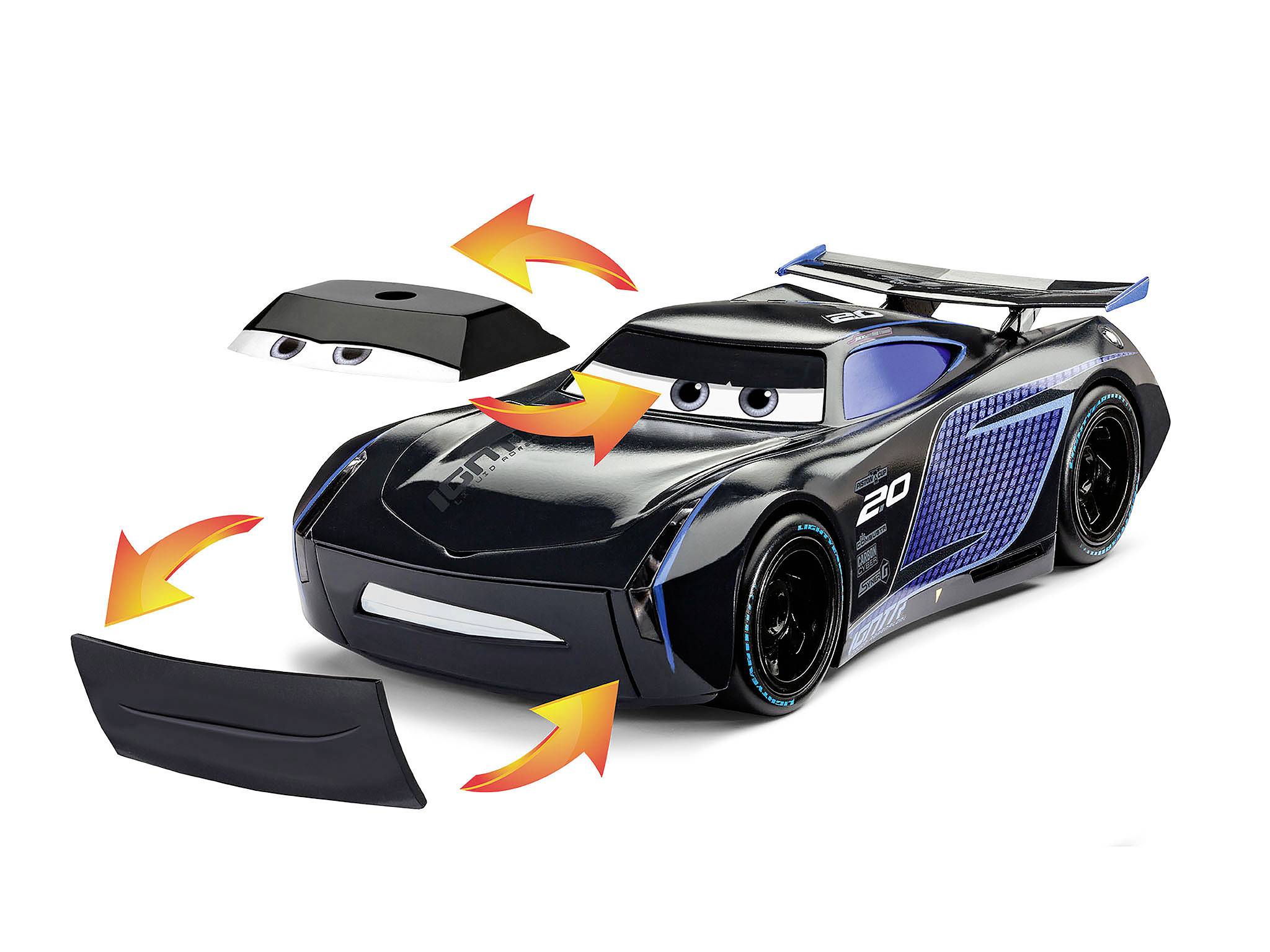 Czarny samochodzik zabawkowy z lotką i niebieskimi detalami, z demontowanymi częściami na masce i przedzie; strzałki wskazują na elementy, które można zdjąć.