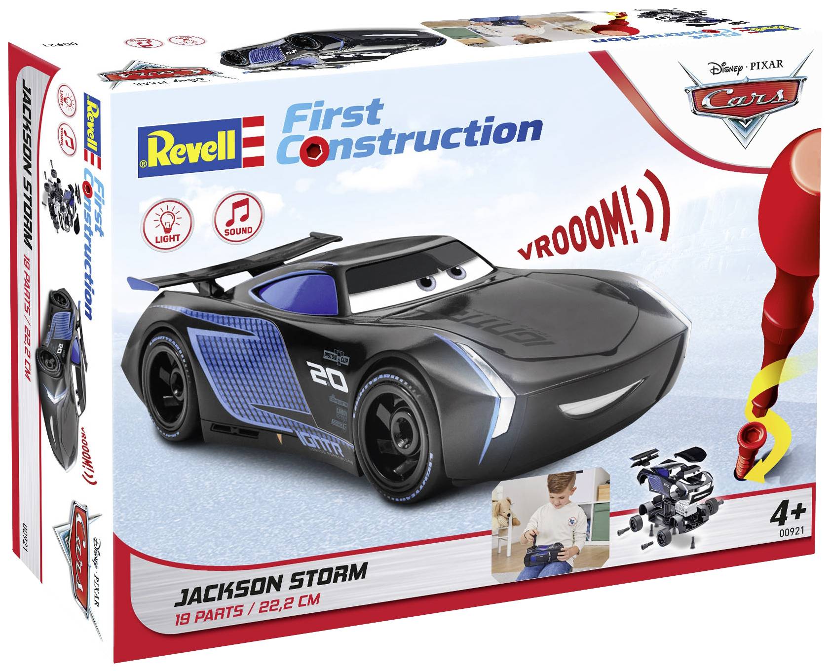 Zestaw do składania samochodzika 'Jackson Storm' firmy Revell, inspirowany filmem 'Cars', zalecany dla dzieci od 4 lat. Zawiera 19 elementów, wielkość 22,2 cm.