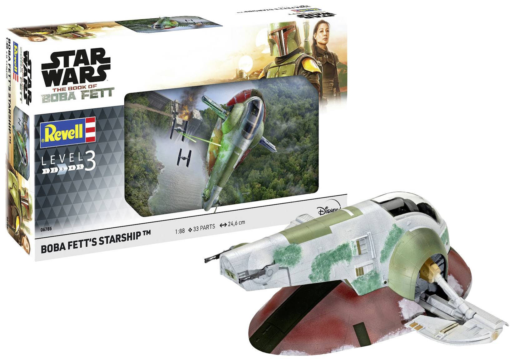 Zestaw modelarski Revell statku kosmicznego Boby Fetta z serii Star Wars. Opakowanie przedstawia statek lecący nad lasem.