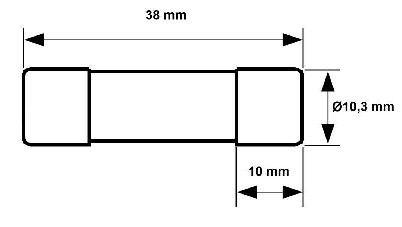 Rysunek techniczny cylindrycznego obiektu o długości 38 mm i średnicy 10,3 mm, z sekcjami końcowymi o głębokości 10 mm każda.