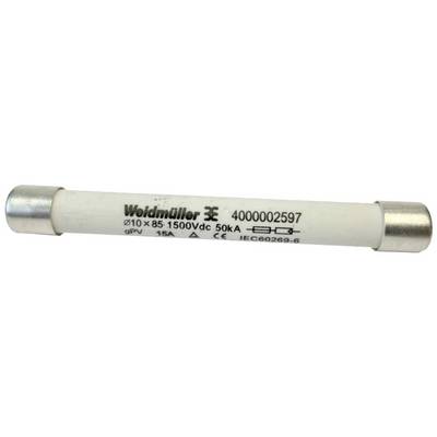 Elektryczny bezpiecznik marki Weidmüller, etykieta wskazuje '1500Vdc, 50kA, 15A'.
